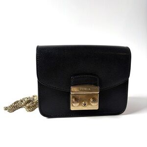 Furla Metropolis Black Leather Mini Crossbody – Gold Chain